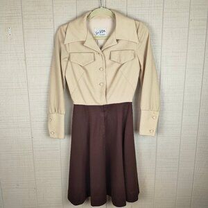 Vintage 70s Eve Le Coq Shirt Dress Mini Short Butterfly Color Beige Brown